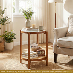 2-Tier Boho End Table with Tempered Glass Top for Living Room-Walnut