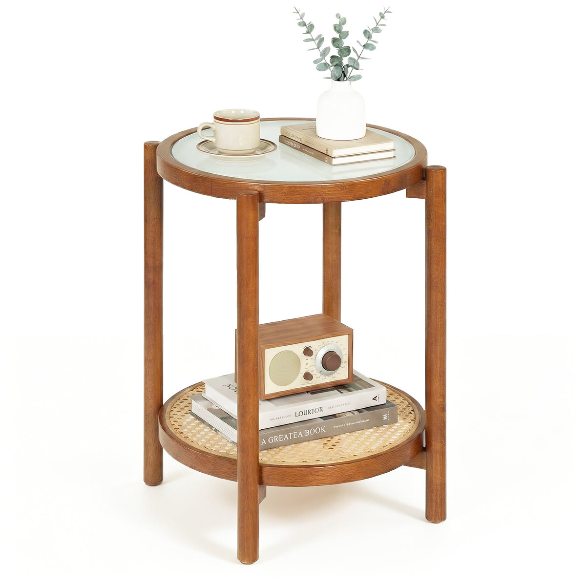 2-Tier Boho End Table with Tempered Glass Top for Living Room-Walnut