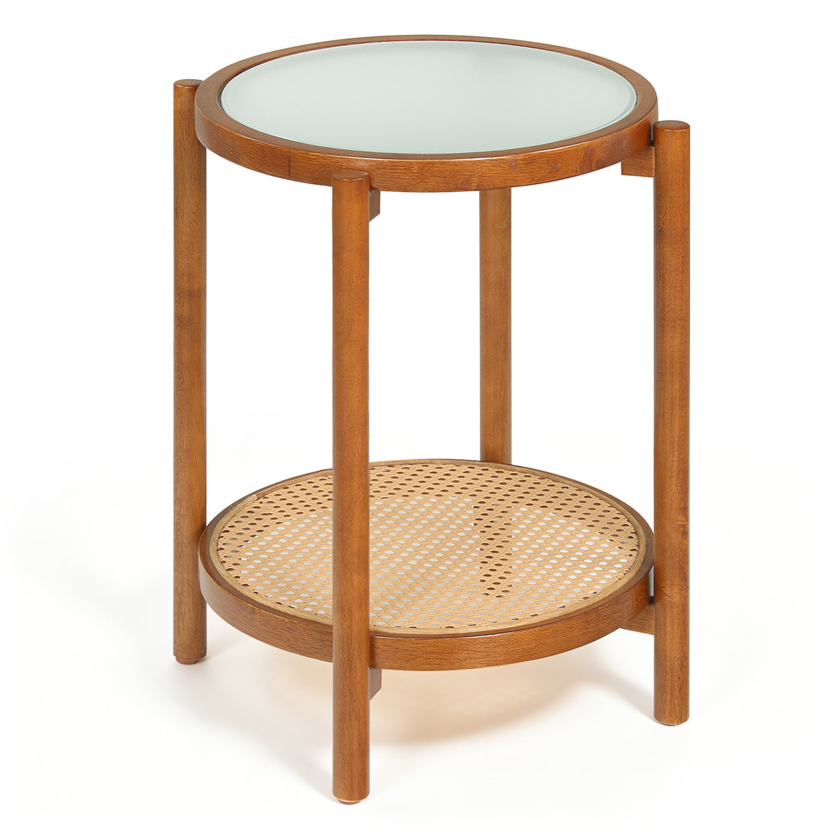 2-Tier Boho End Table with Tempered Glass Top for Living Room-Walnut