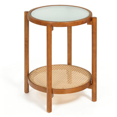2-Tier Boho End Table with Tempered Glass Top for Living Room-Walnut