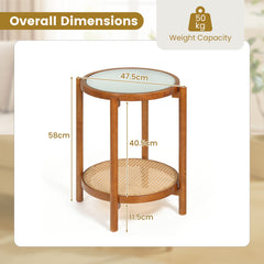 2-Tier Boho End Table with Tempered Glass Top for Living Room-Walnut