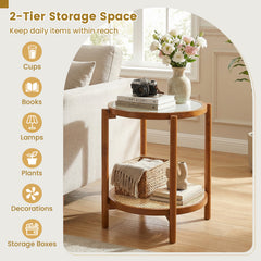 2-Tier Boho End Table with Tempered Glass Top for Living Room-Walnut