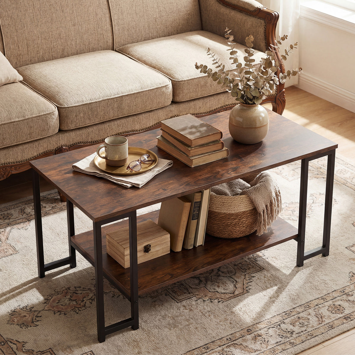 2-Tier Coffee Table Modern Accent Table with Open Storage Shelf Center Table-Brown
