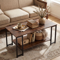 2-Tier Coffee Table Modern Accent Table with Open Storage Shelf Center Table-Brown