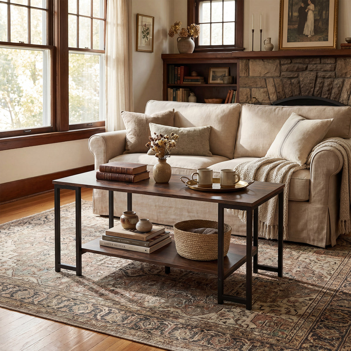 2-Tier Coffee Table Modern Accent Table with Open Storage Shelf Center Table-Brown