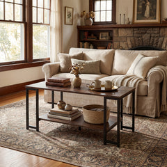2-Tier Coffee Table Modern Accent Table with Open Storage Shelf Center Table-Brown