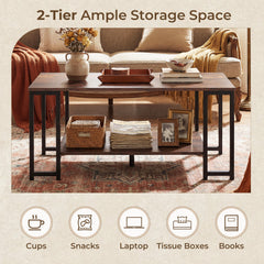2-Tier Coffee Table Modern Accent Table with Open Storage Shelf Center Table-Brown