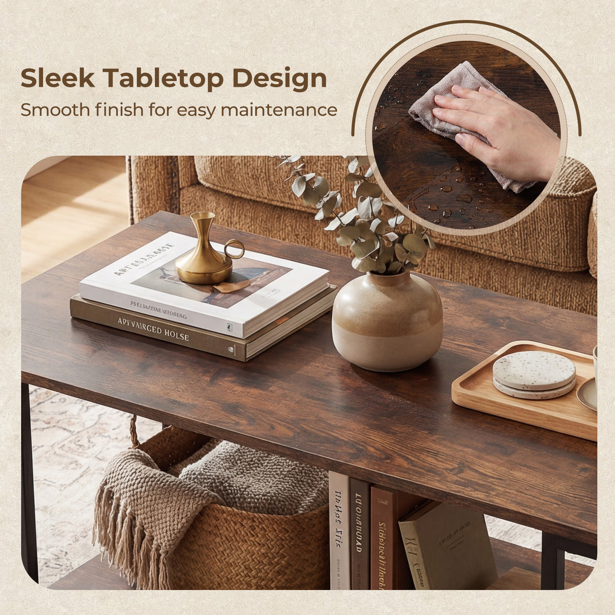 2-Tier Coffee Table Modern Accent Table with Open Storage Shelf Center Table-Brown
