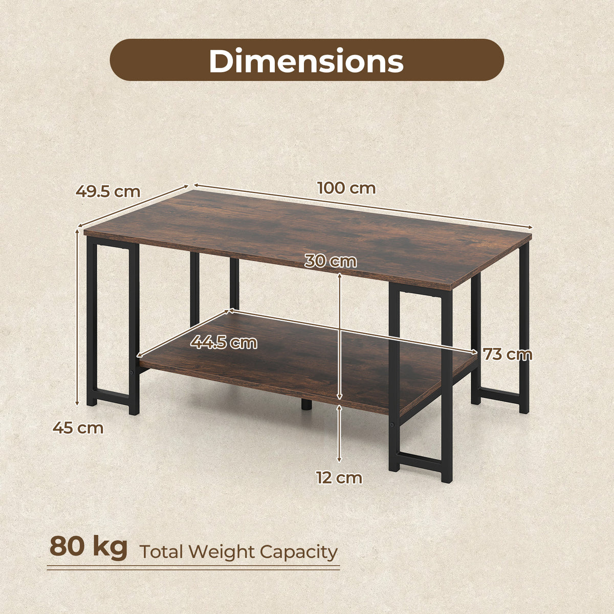 2-Tier Coffee Table Modern Accent Table with Open Storage Shelf Center Table-Brown