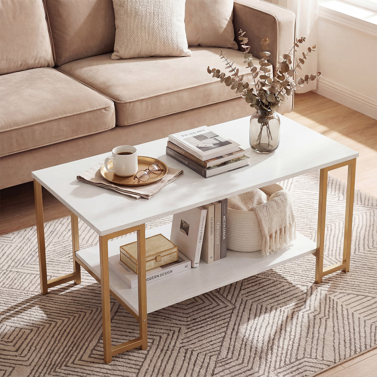2-Tier Coffee Table Modern Accent Table with Open Storage Shelf Center Table-White