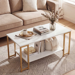 2-Tier Coffee Table Modern Accent Table with Open Storage Shelf Center Table-White