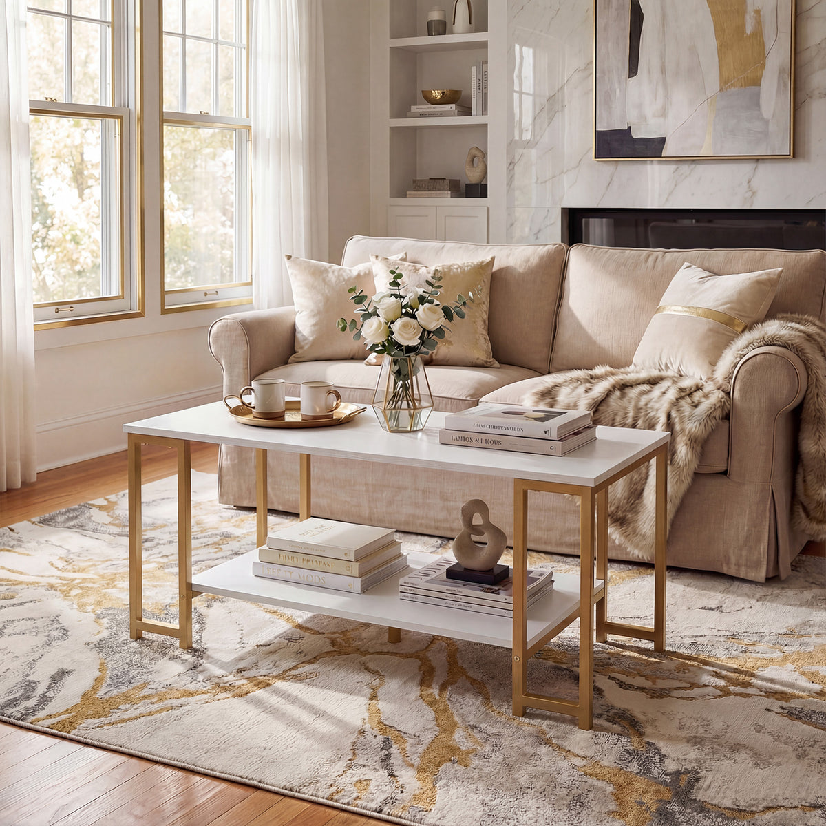 2-Tier Coffee Table Modern Accent Table with Open Storage Shelf Center Table-White