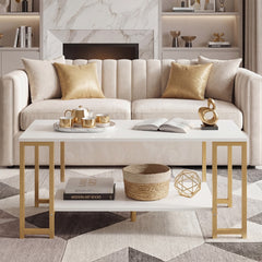 2-Tier Coffee Table Modern Accent Table with Open Storage Shelf Center Table-White