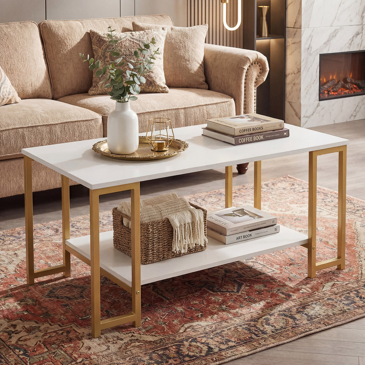 2-Tier Coffee Table Modern Accent Table with Open Storage Shelf Center Table-White