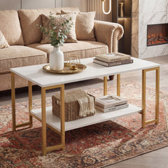 2-Tier Coffee Table Modern Accent Table with Open Storage Shelf Center Table-White