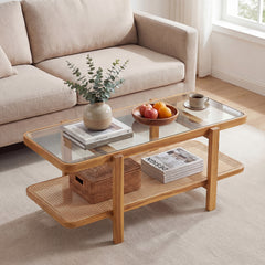 2-Tier Coffee Table with Storage Rectangular Center Table with Tempered Glass Top-Light Brown