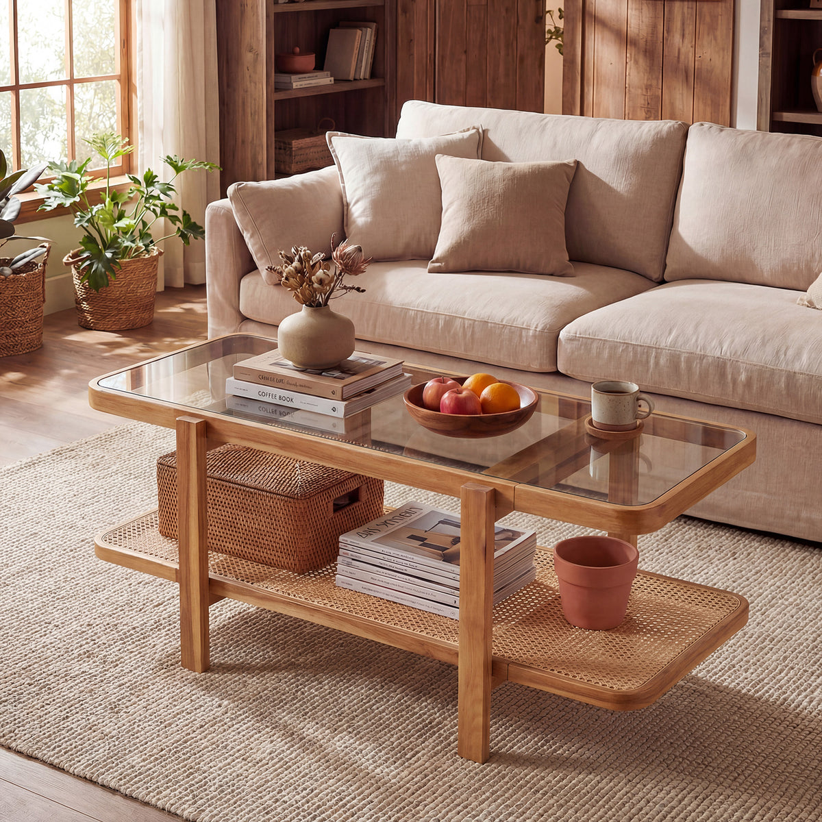 2-Tier Coffee Table with Storage Rectangular Center Table with Tempered Glass Top-Light Brown