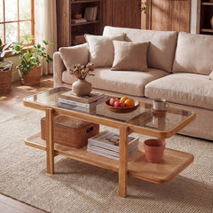 2-Tier Coffee Table with Storage Rectangular Center Table with Tempered Glass Top-Light Brown