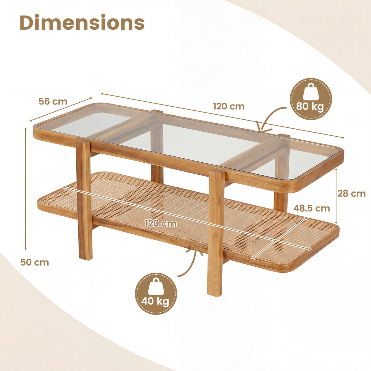 2-Tier Coffee Table with Storage Rectangular Center Table with Tempered Glass Top-Light Brown