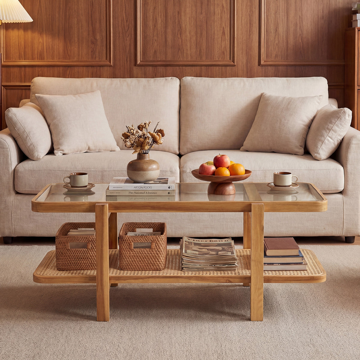 2-Tier Coffee Table with Storage Rectangular Center Table with Tempered Glass Top-Light Brown