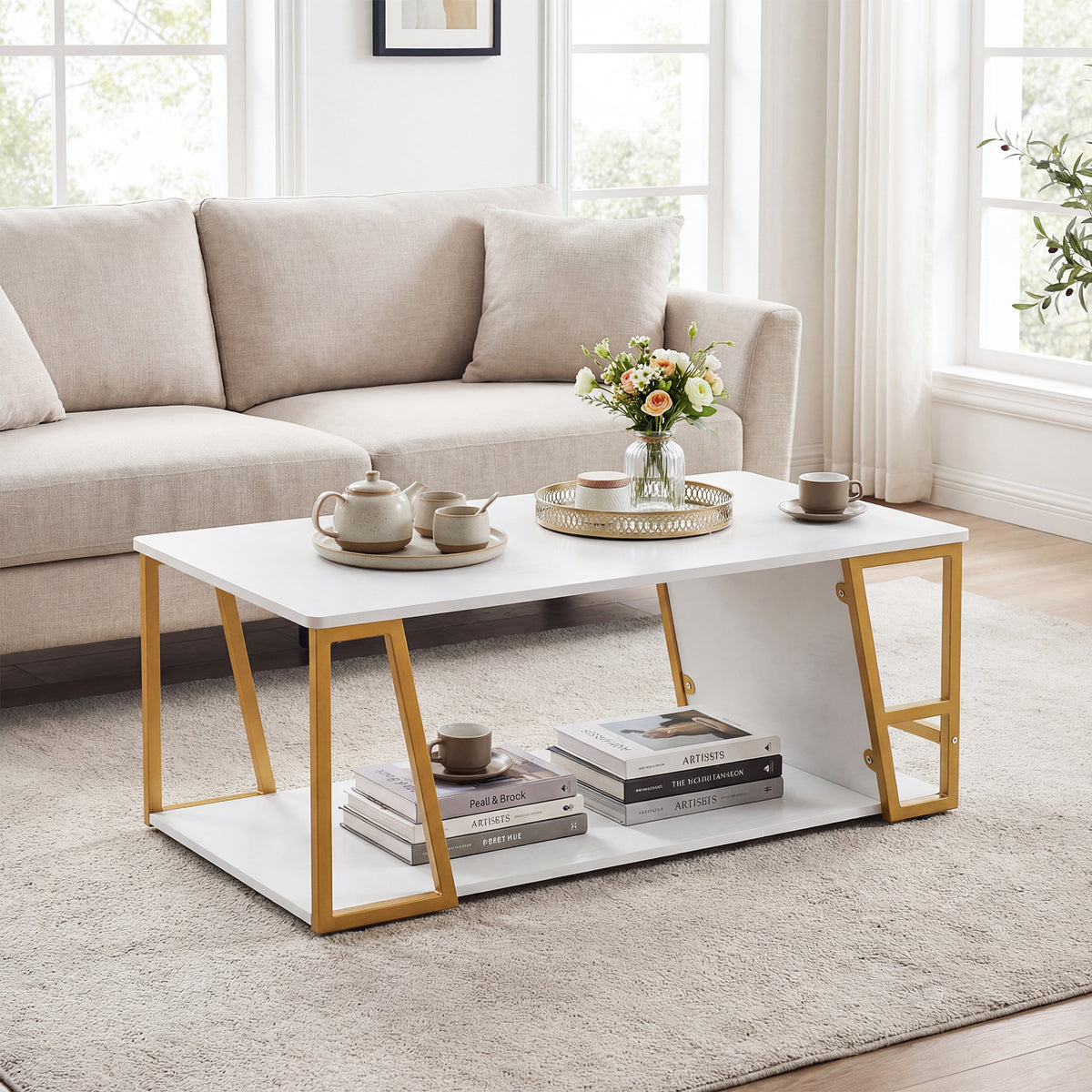 2-Tier Coffee Table with Storage Shelf and Open Compartment-White & Golden