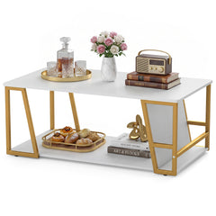 2-Tier Coffee Table with Storage Shelf and Open Compartment-White & Golden