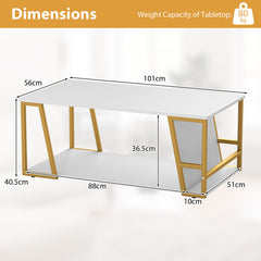 2-Tier Coffee Table with Storage Shelf and Open Compartment-White & Golden