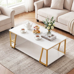 2-Tier Coffee Table with Storage Shelf and Open Compartment-White & Golden