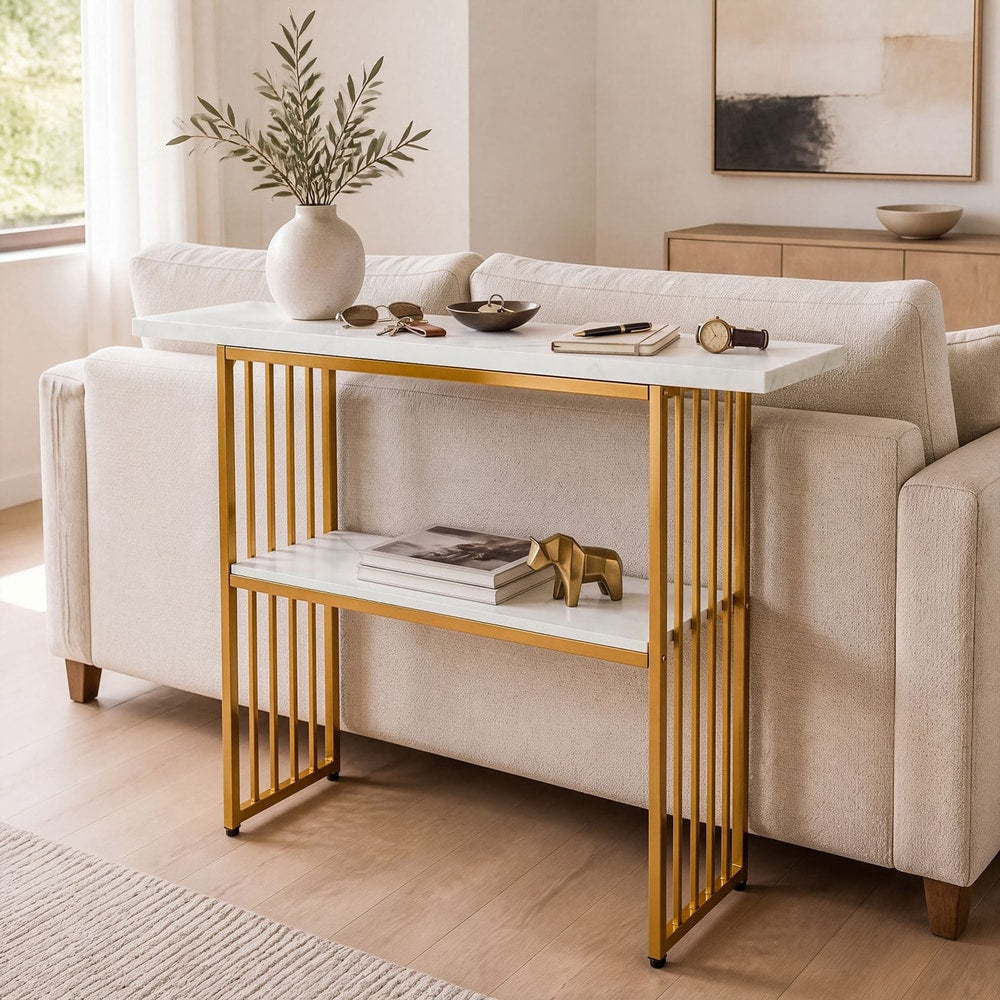2-Tier Console Table with Faux Marble Shelves and Solid Metal Structure-White and Golden