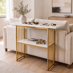 2-Tier Console Table with Faux Marble Shelves and Solid Metal Structure-White and Golden