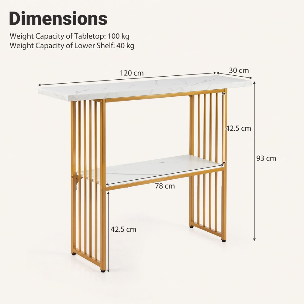 2-Tier Console Table with Faux Marble Shelves and Solid Metal Structure-White and Golden