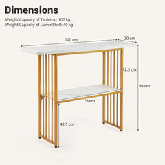 2-Tier Console Table with Faux Marble Shelves and Solid Metal Structure-White and Golden