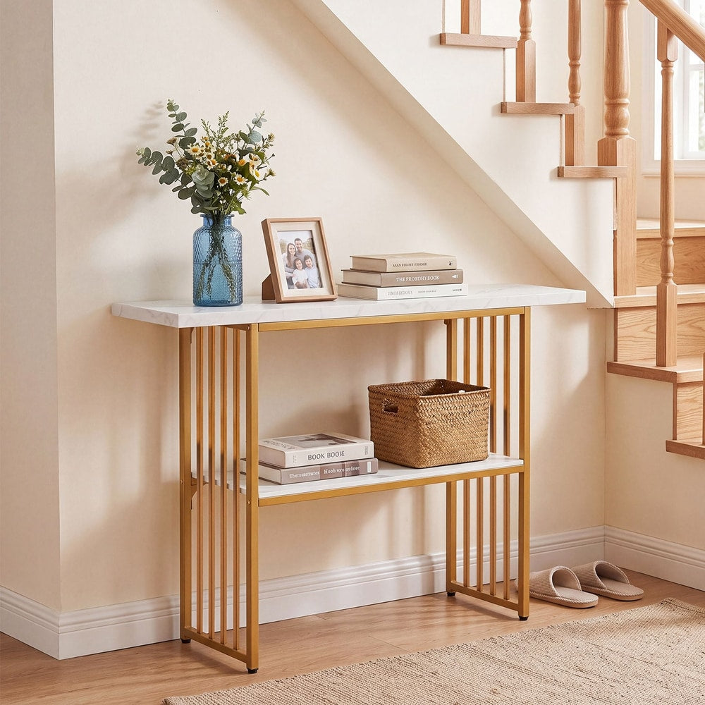 2-Tier Console Table with Faux Marble Shelves and Solid Metal Structure-White and Golden
