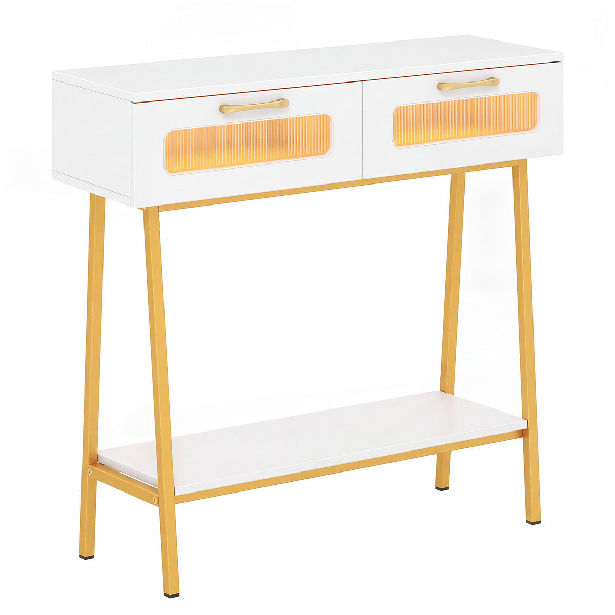 2-Tier Farmhouse Console Table with Colorful LED Lights and Open Shelf-White