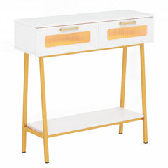 2-Tier Farmhouse Console Table with Colorful LED Lights and Open Shelf-White