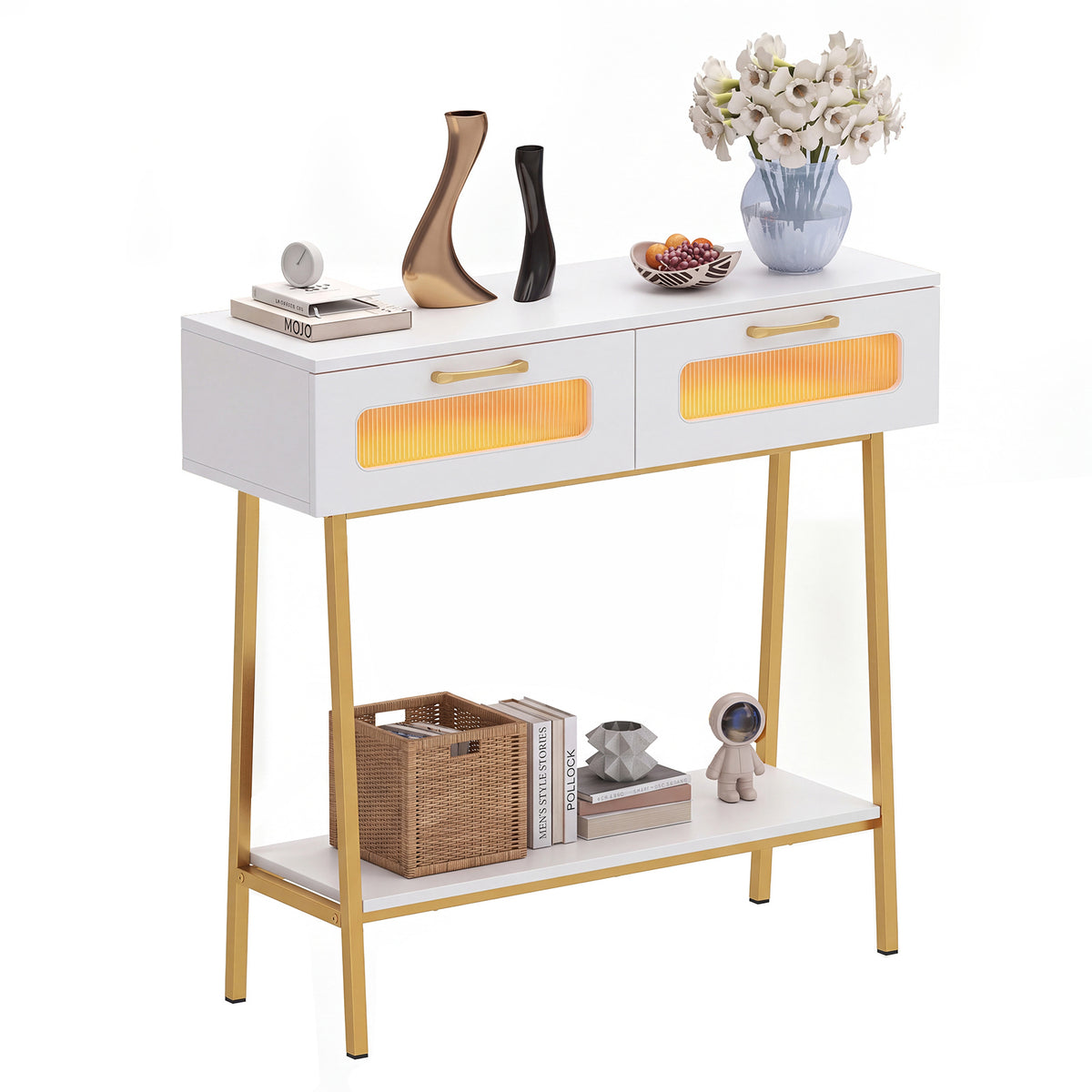 2-Tier Farmhouse Console Table with Colorful LED Lights and Open Shelf-White