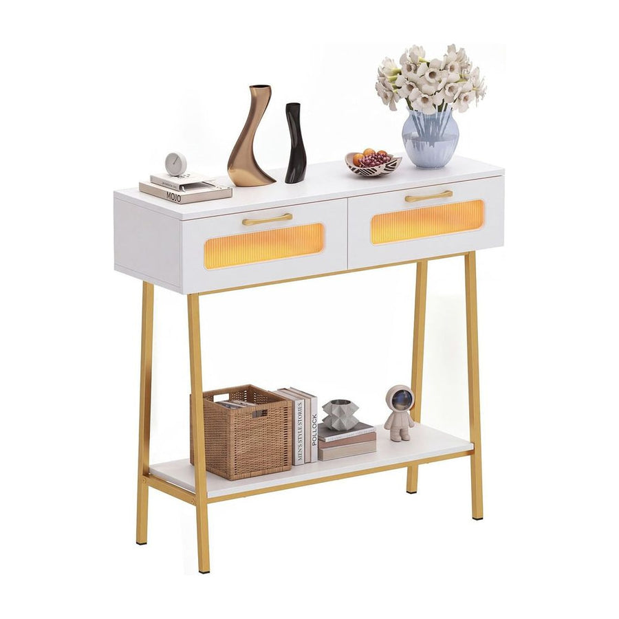 2-Tier Farmhouse Console Table with two drawers and an open shelf, white finish and gold legs
