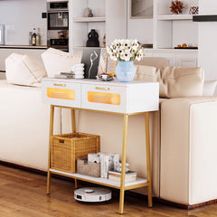 2-Tier Farmhouse Console Table with Colorful LED Lights and Open Shelf-White