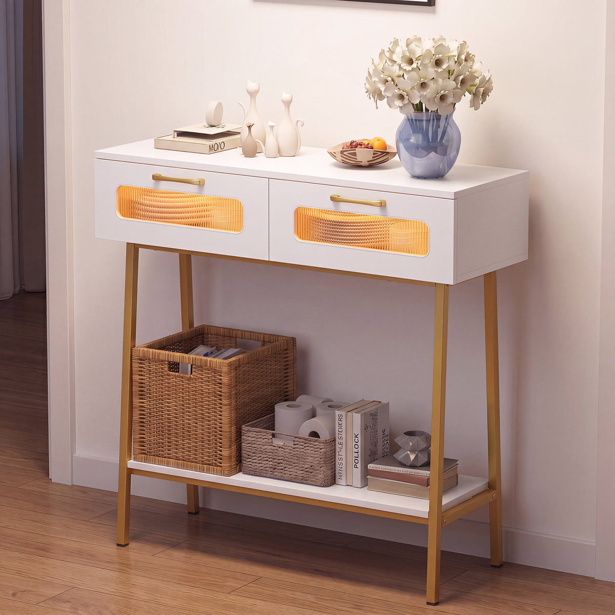2-Tier Farmhouse Console Table with Colorful LED Lights and Open Shelf-White