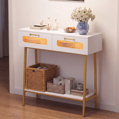 2-Tier Farmhouse Console Table with Colorful LED Lights and Open Shelf-White