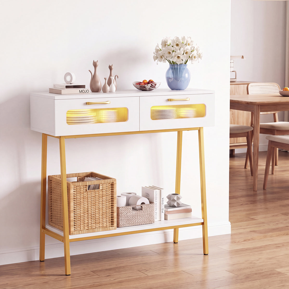 2-Tier Farmhouse Console Table with Colorful LED Lights and Open Shelf-White