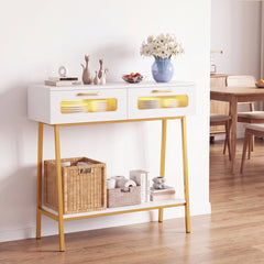 2-Tier Farmhouse Console Table with Colorful LED Lights and Open Shelf-White
