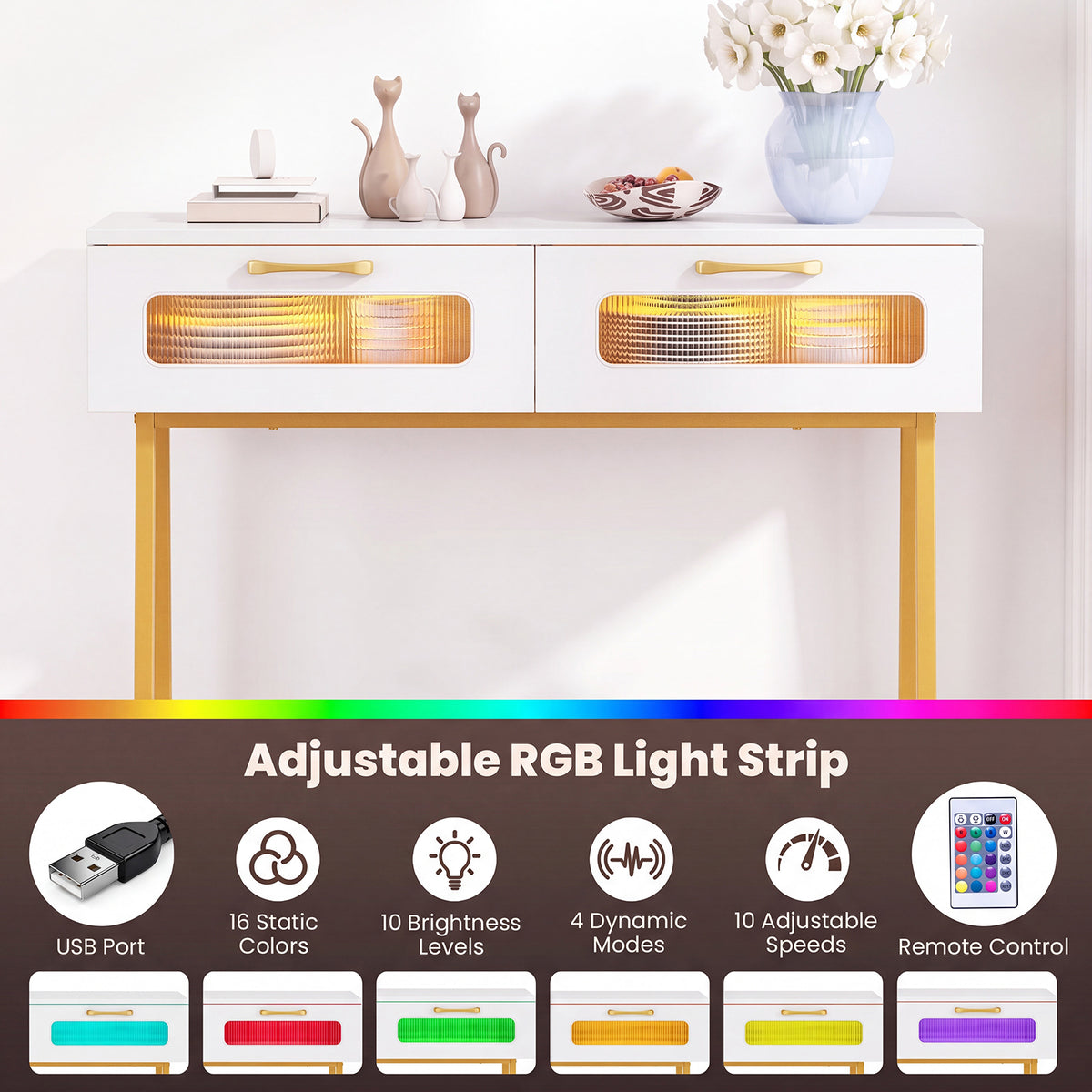 2-Tier Farmhouse Console Table with Colorful LED Lights and Open Shelf-White