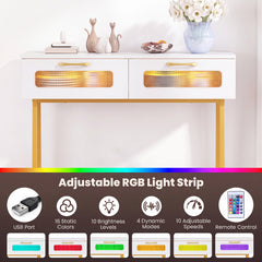 2-Tier Farmhouse Console Table with Colorful LED Lights and Open Shelf-White