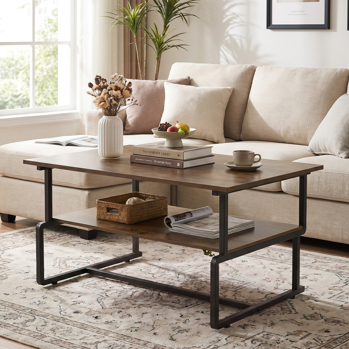 2-Tier Industrial Coffee Table with Heavy-Duty Metal Frame for Small Spaces-Rustic Brown