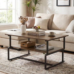 2-Tier Industrial Coffee Table with Heavy-Duty Metal Frame for Small Spaces-Rustic Brown