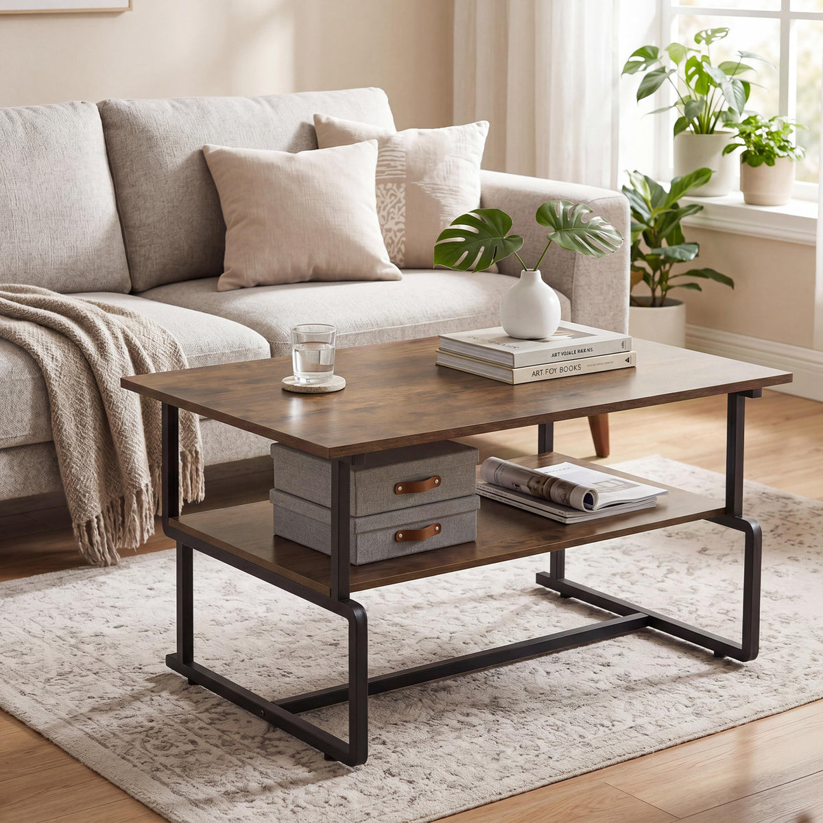 2-Tier Industrial Coffee Table with Heavy-Duty Metal Frame for Small Spaces-Rustic Brown