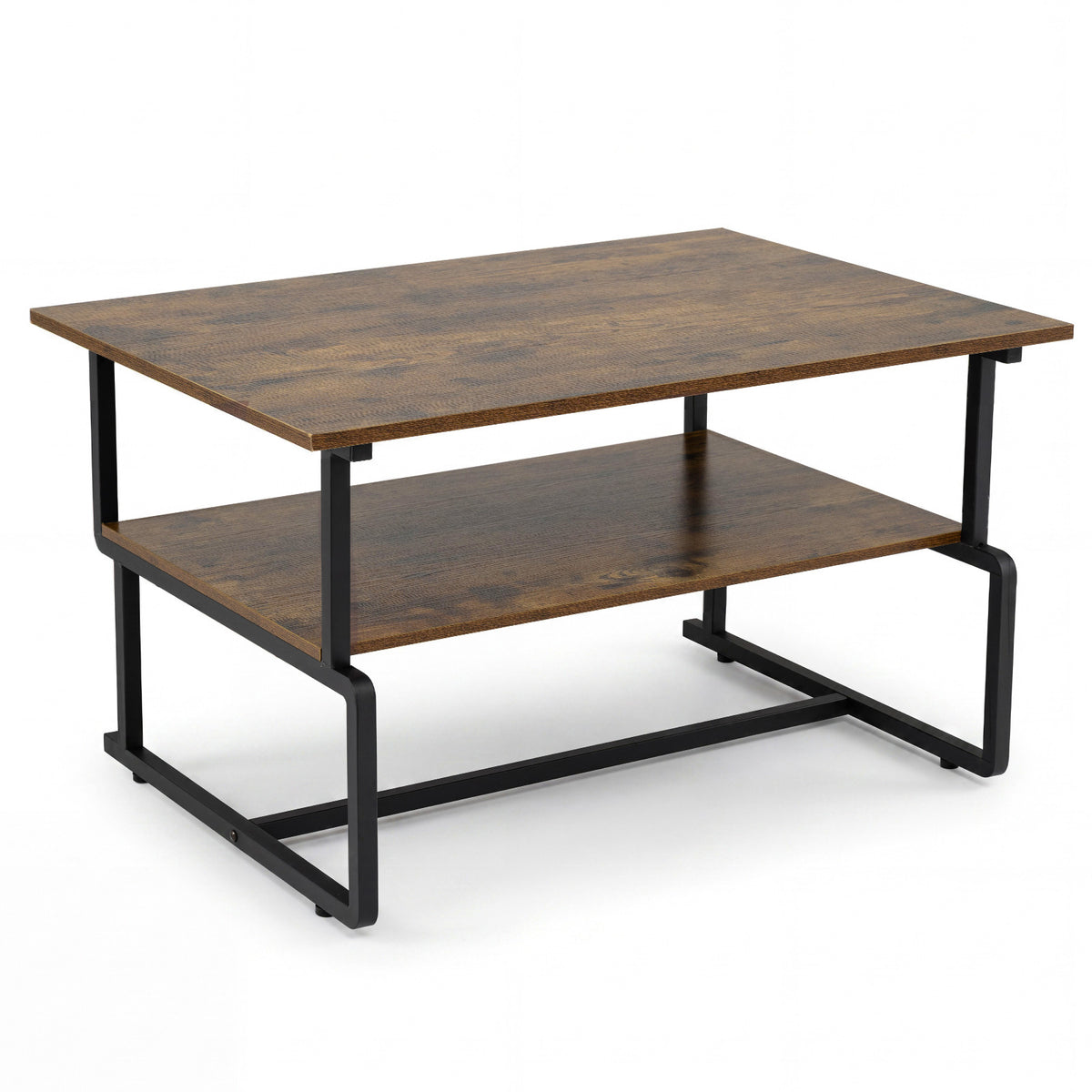 2-Tier Industrial Coffee Table with Heavy-Duty Metal Frame for Small Spaces-Rustic Brown