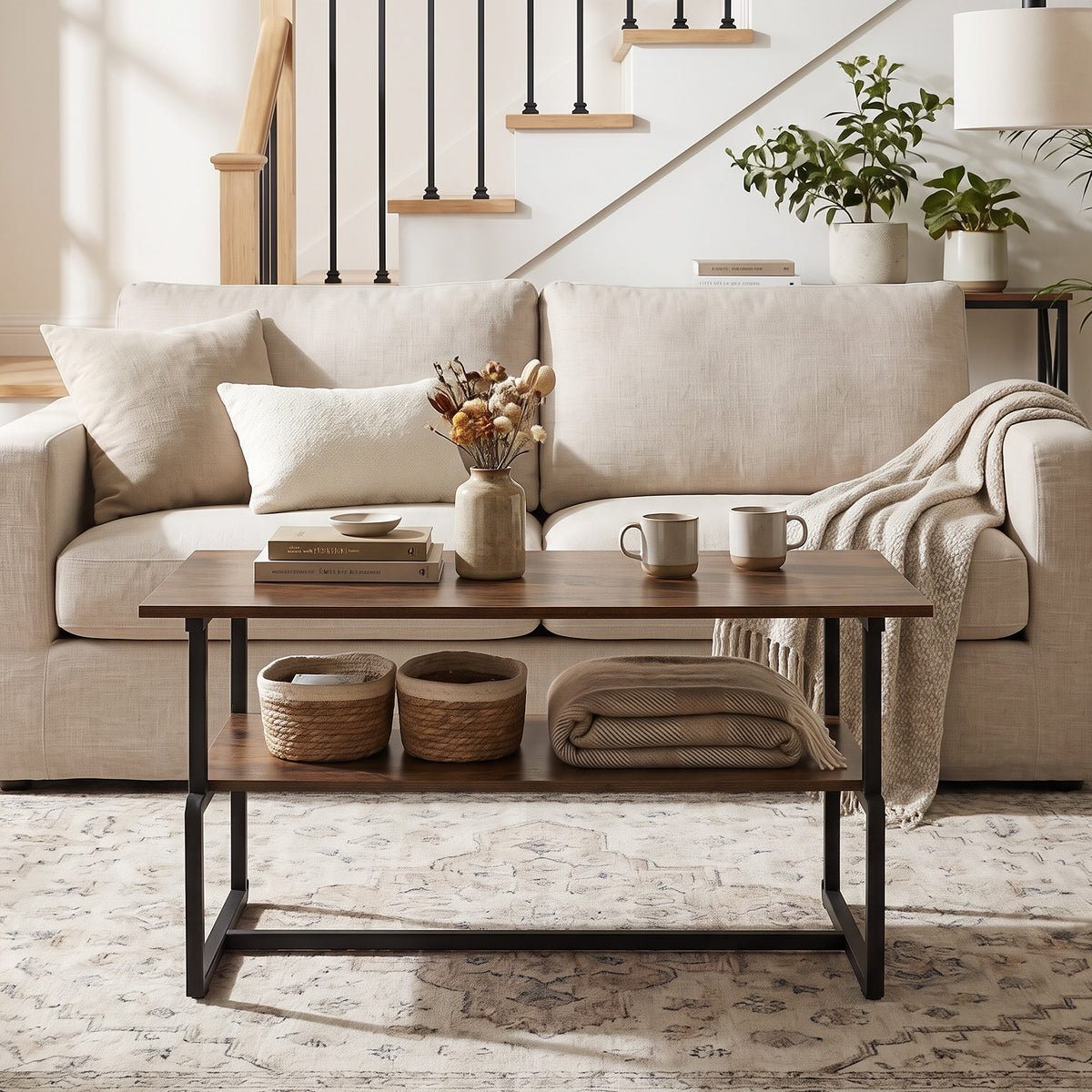 2-Tier Industrial Coffee Table with Heavy-Duty Metal Frame for Small Spaces-Rustic Brown