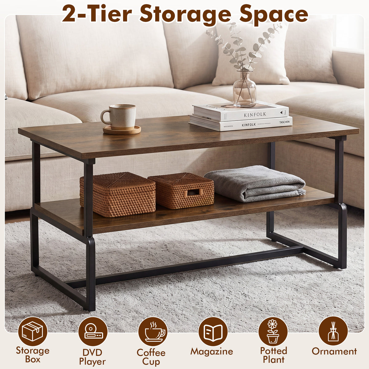 2-Tier Industrial Coffee Table with Heavy-Duty Metal Frame for Small Spaces-Rustic Brown